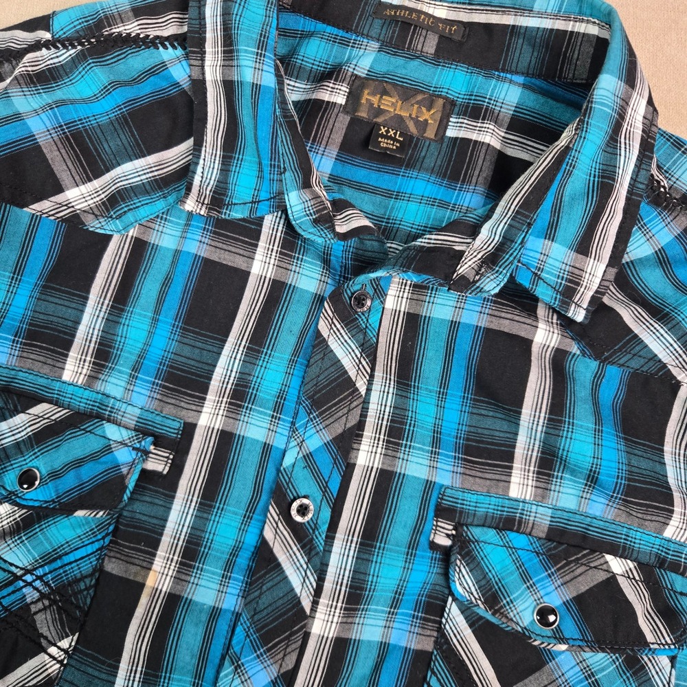 Helix Mens XXL Athletic Fit Plaid Button Down Shirt Blue Black Roll Tab Western